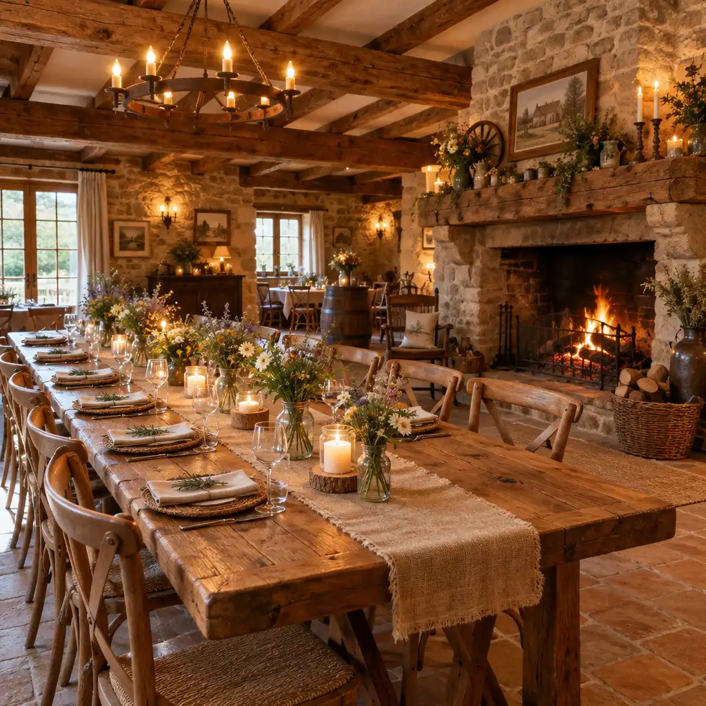 Salle de réception rustique avec poutres en bois et cheminée en pierre