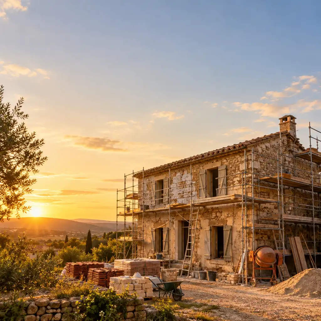 Maison ancienne en cours de rénovation, échafaudages et matériaux, ambiance chaleureuse