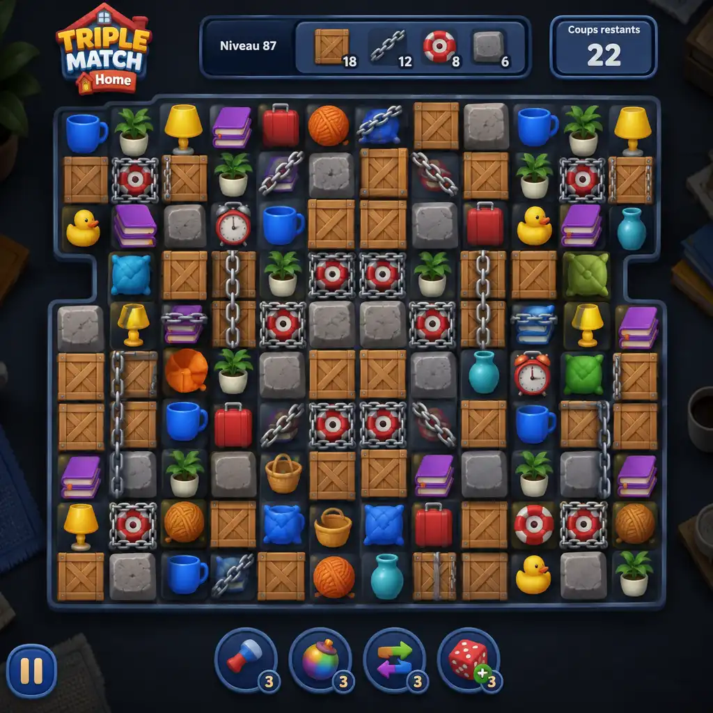 Niveau difficile de Triple Match Home avec obstacles et grille complexe
