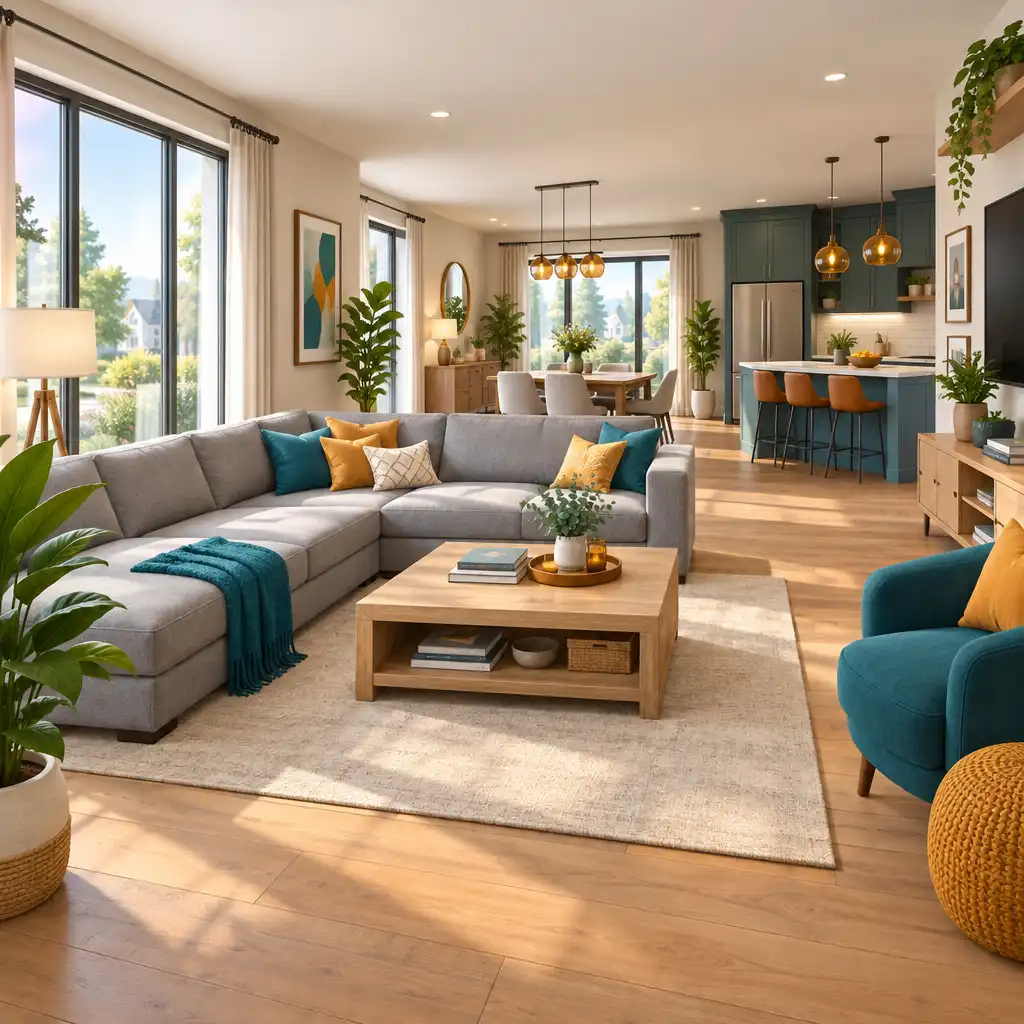 Salon rénové dans le style moderne avec canapé gris, table basse en bois clair et plantes vertes